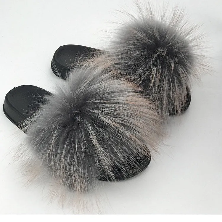 Warm Fox Fur Slippers For Women Slides Flip Flop
