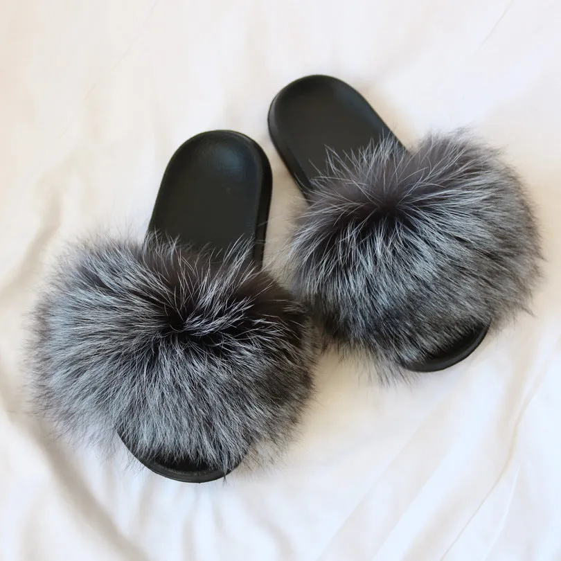 Warm Fox Fur Slippers For Women Slides Flip Flop