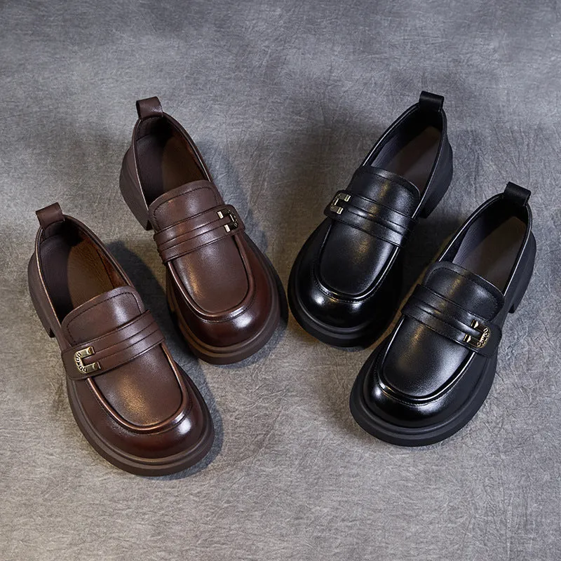 Women Retro Leather Low Block Classic Loafers