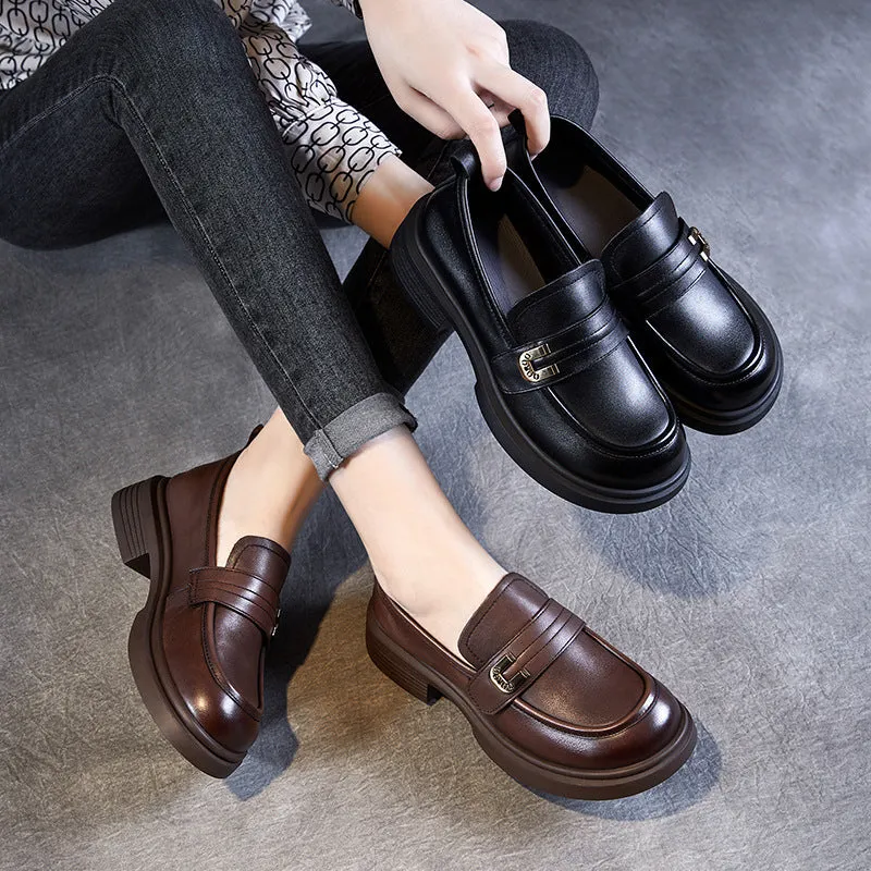 Women Retro Leather Low Block Classic Loafers