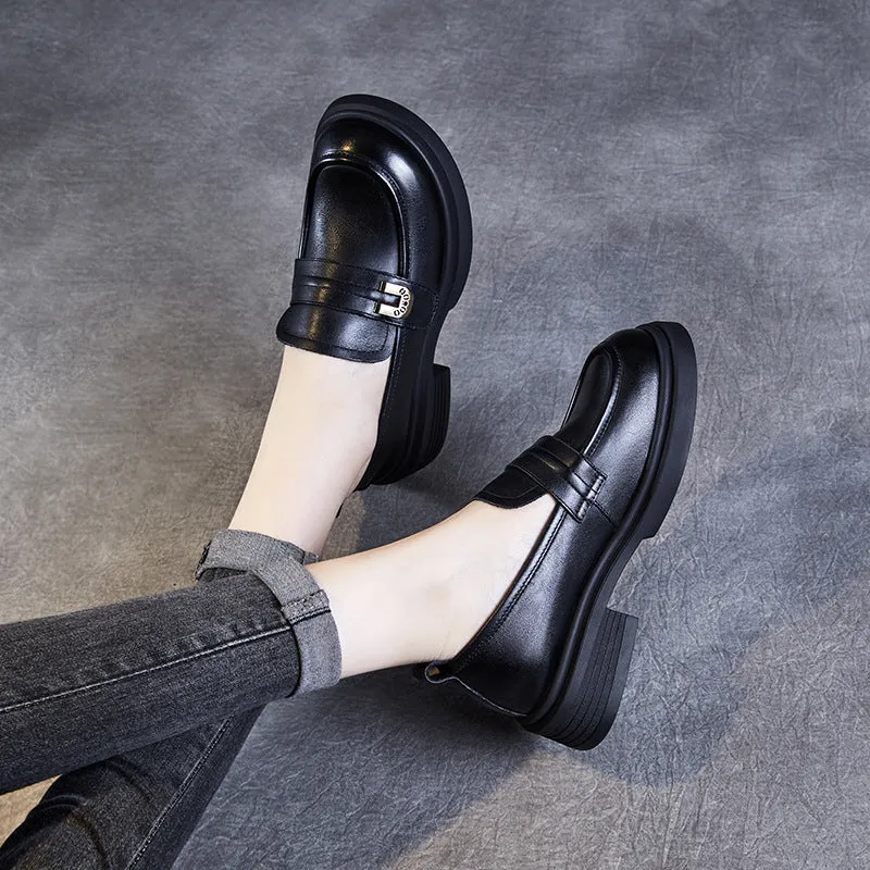 Women Retro Leather Low Block Classic Loafers