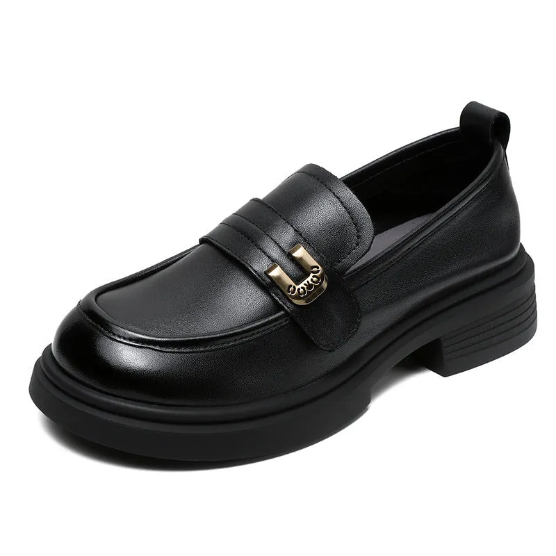 Women Retro Leather Low Block Classic Loafers