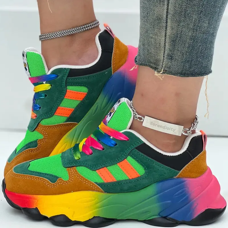Women's Breathable Mesh Sneakers, Trendy Colorful Lace Up Sport Shoes, Fashion Non Slip Sneakers