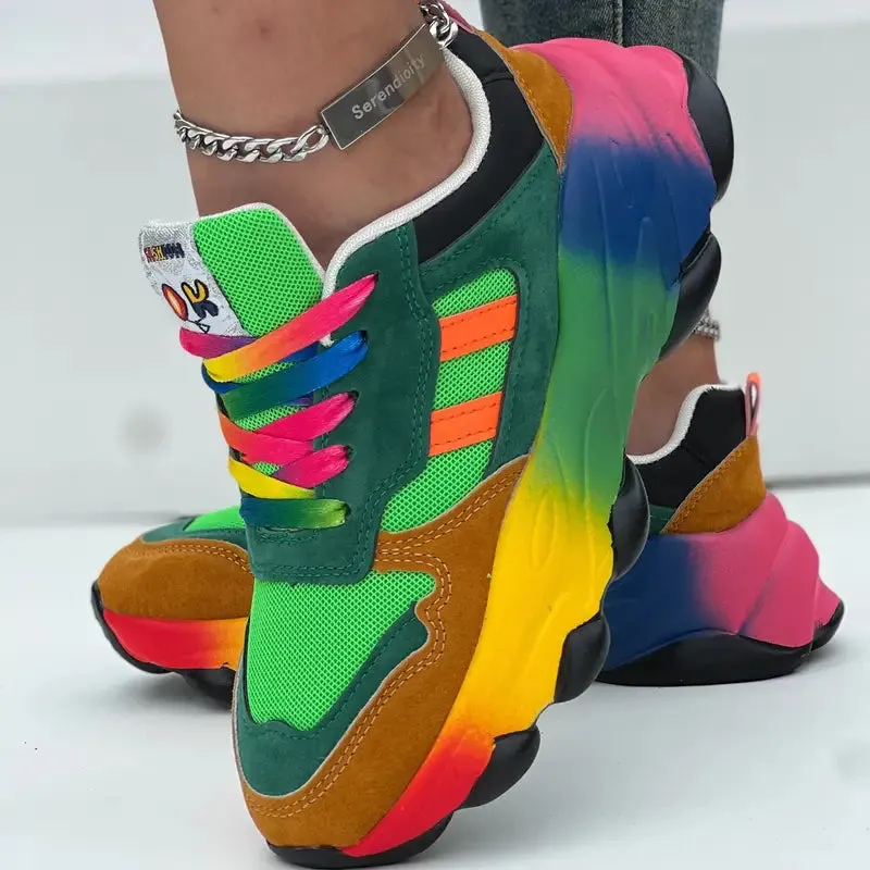 Women's Breathable Mesh Sneakers, Trendy Colorful Lace Up Sport Shoes, Fashion Non Slip Sneakers