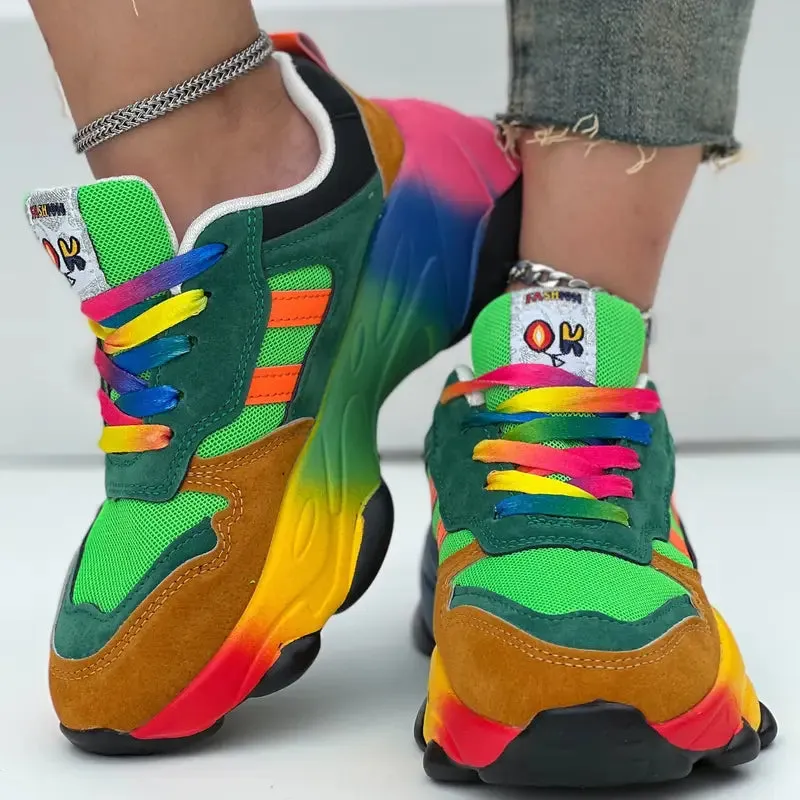 Women's Breathable Mesh Sneakers, Trendy Colorful Lace Up Sport Shoes, Fashion Non Slip Sneakers