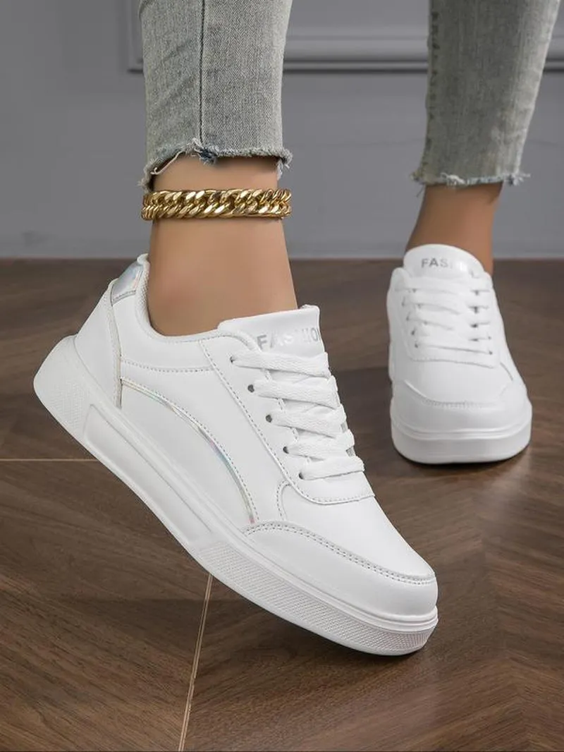 Women's Fashionable PU Leather Lace-Up Sneakers