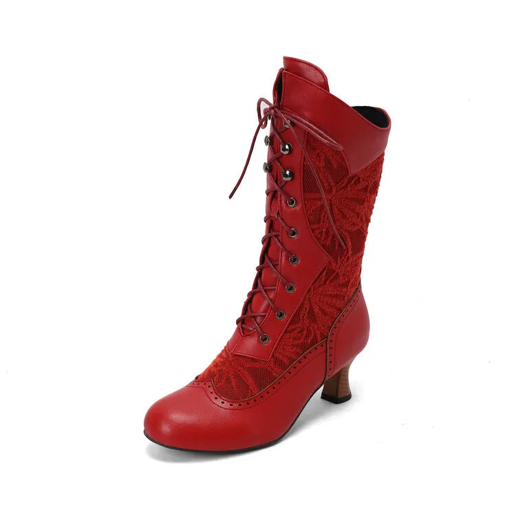 Women's Lace-Up Round Toe Hoof Heel Mid Calf Boots