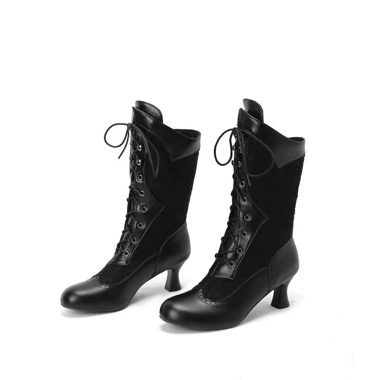 Women's Lace-Up Round Toe Hoof Heel Mid Calf Boots