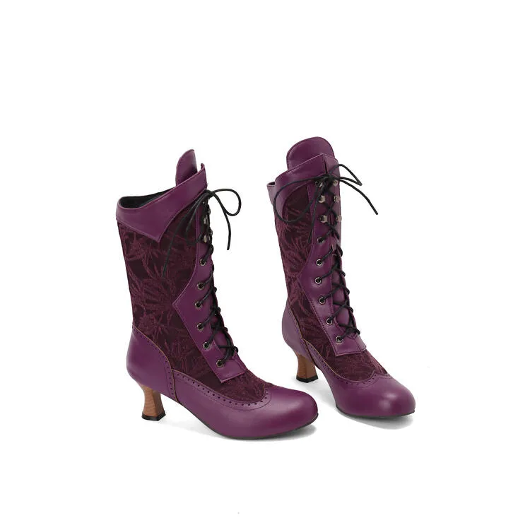 Women's Lace-Up Round Toe Hoof Heel Mid Calf Boots