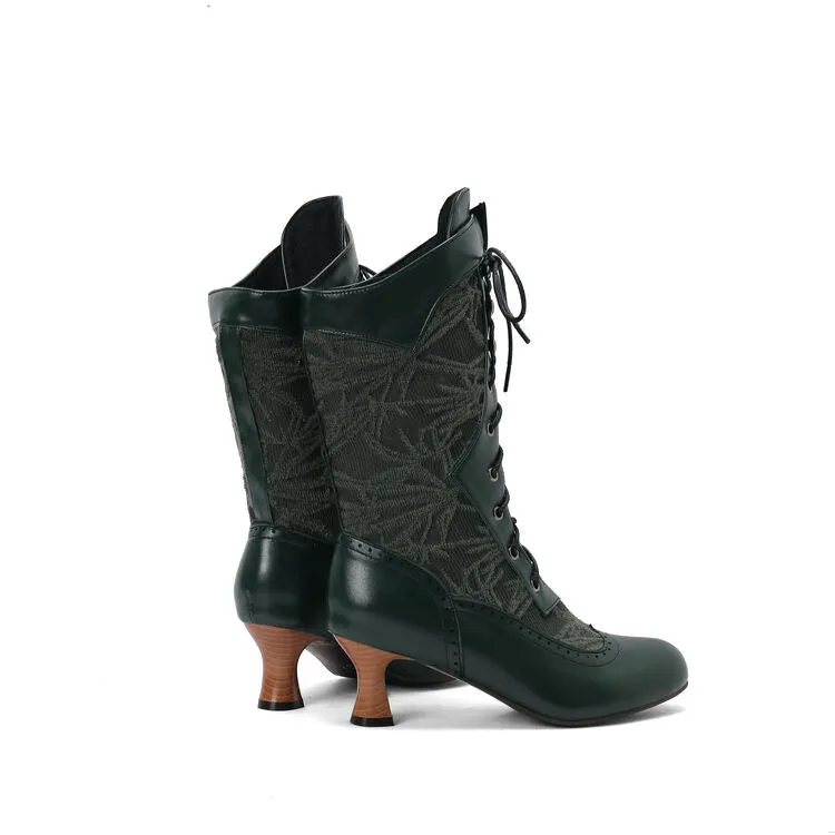 Women's Lace-Up Round Toe Hoof Heel Mid Calf Boots