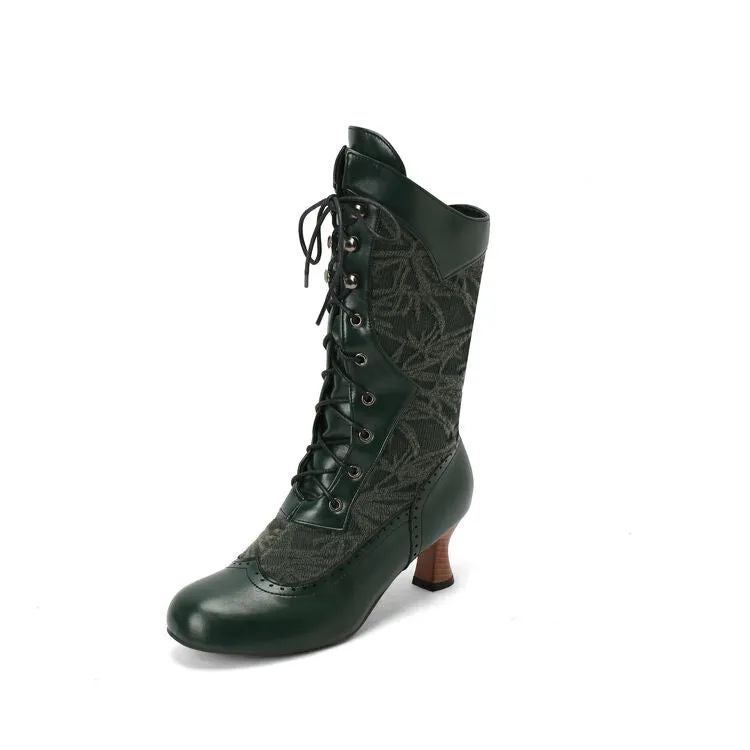 Women's Lace-Up Round Toe Hoof Heel Mid Calf Boots