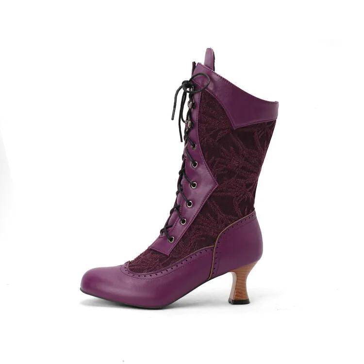 Women's Lace-Up Round Toe Hoof Heel Mid Calf Boots