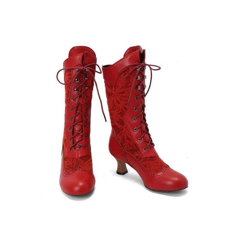 Women's Lace-Up Round Toe Hoof Heel Mid Calf Boots