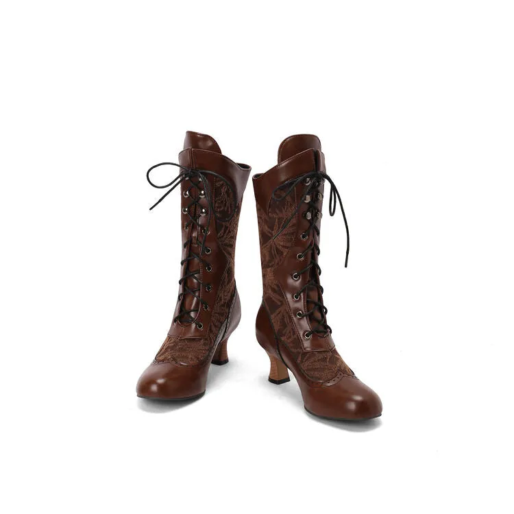 Women's Lace-Up Round Toe Hoof Heel Mid Calf Boots