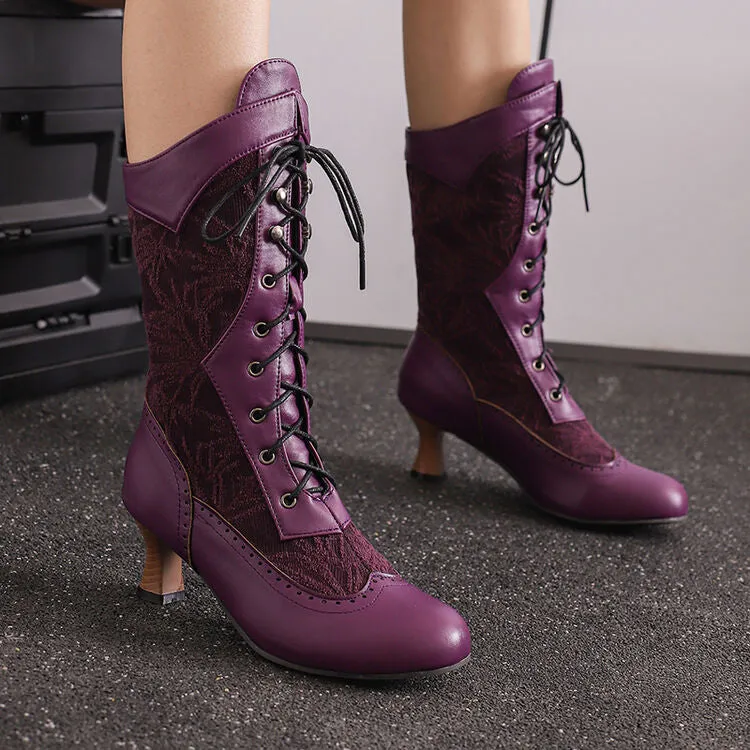 Women's Lace-Up Round Toe Hoof Heel Mid Calf Boots