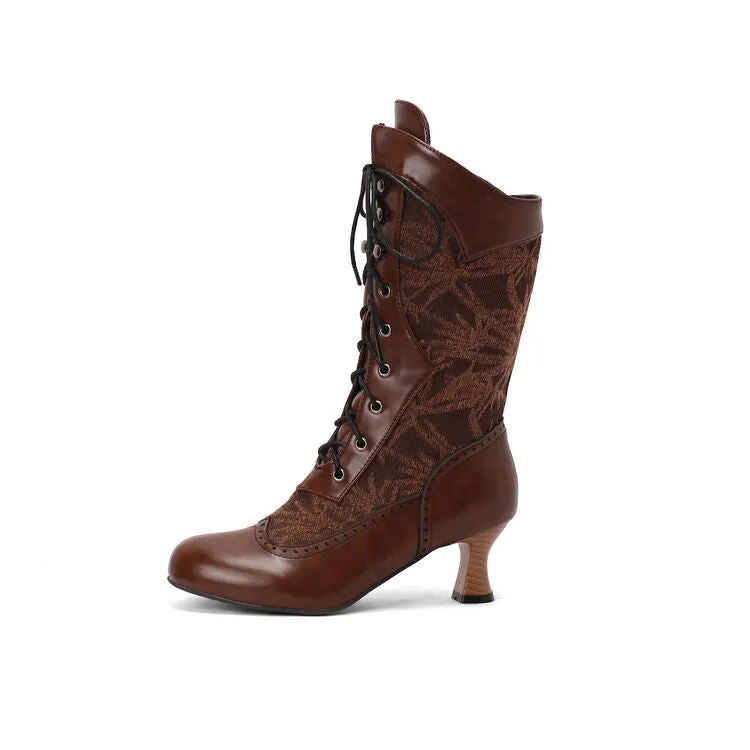 Women's Lace-Up Round Toe Hoof Heel Mid Calf Boots