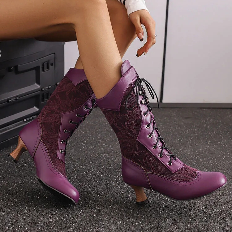 Women's Lace-Up Round Toe Hoof Heel Mid Calf Boots