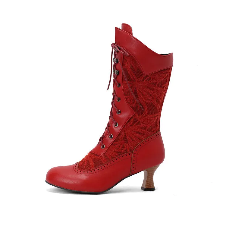 Women's Lace-Up Round Toe Hoof Heel Mid Calf Boots