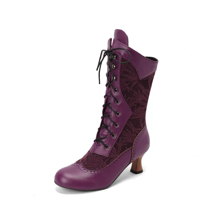 Women's Lace-Up Round Toe Hoof Heel Mid Calf Boots