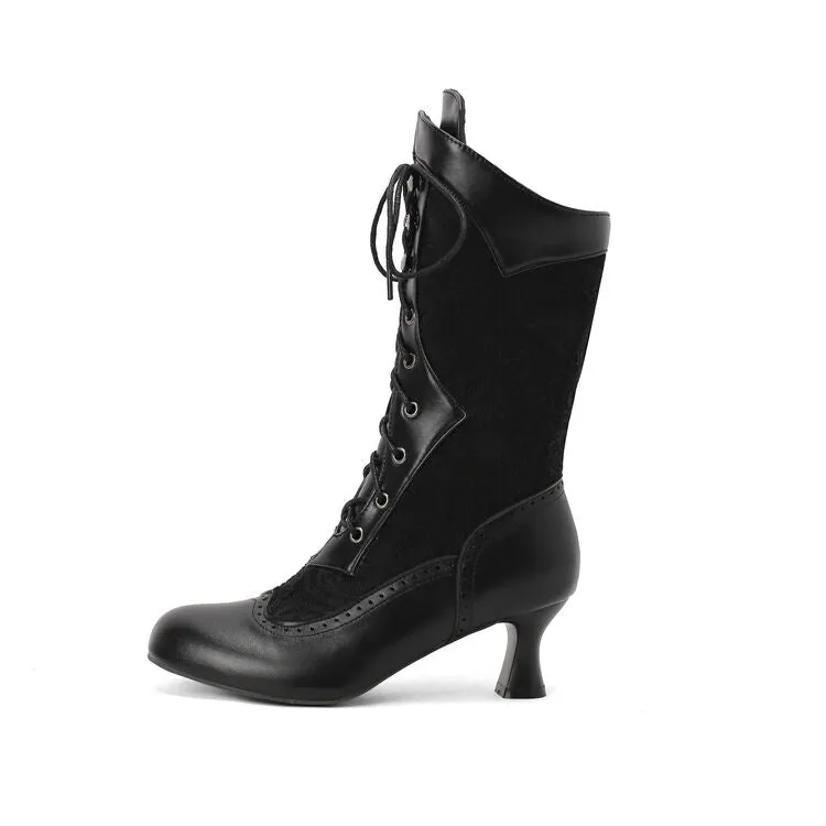 Women's Lace-Up Round Toe Hoof Heel Mid Calf Boots