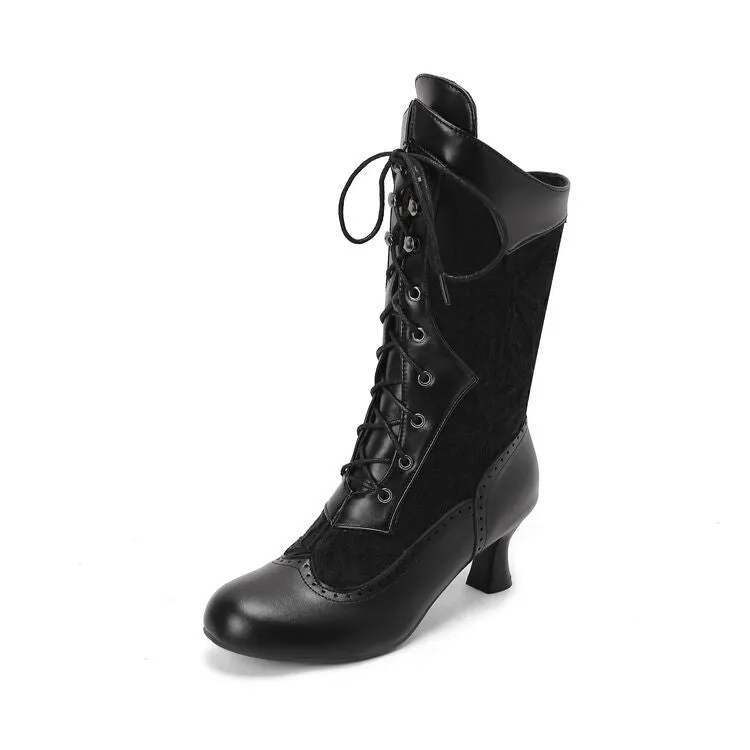 Women's Lace-Up Round Toe Hoof Heel Mid Calf Boots