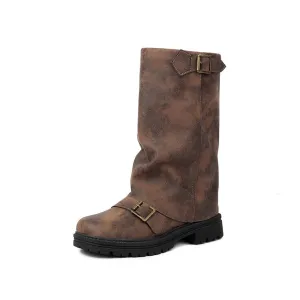 Women's Pleated Buckle Strap Round Toe Mid Calf Flat Platform Boots
