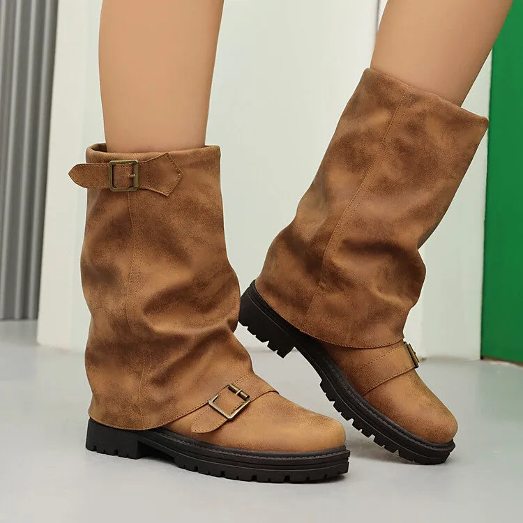 Women's Pleated Buckle Strap Round Toe Mid Calf Flat Platform Boots
