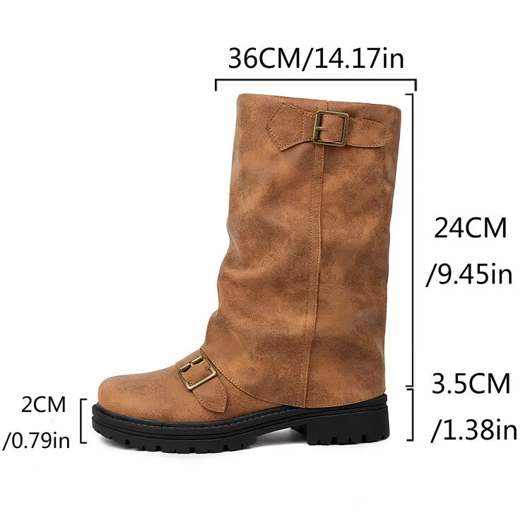 Women's Pleated Buckle Strap Round Toe Mid Calf Flat Platform Boots