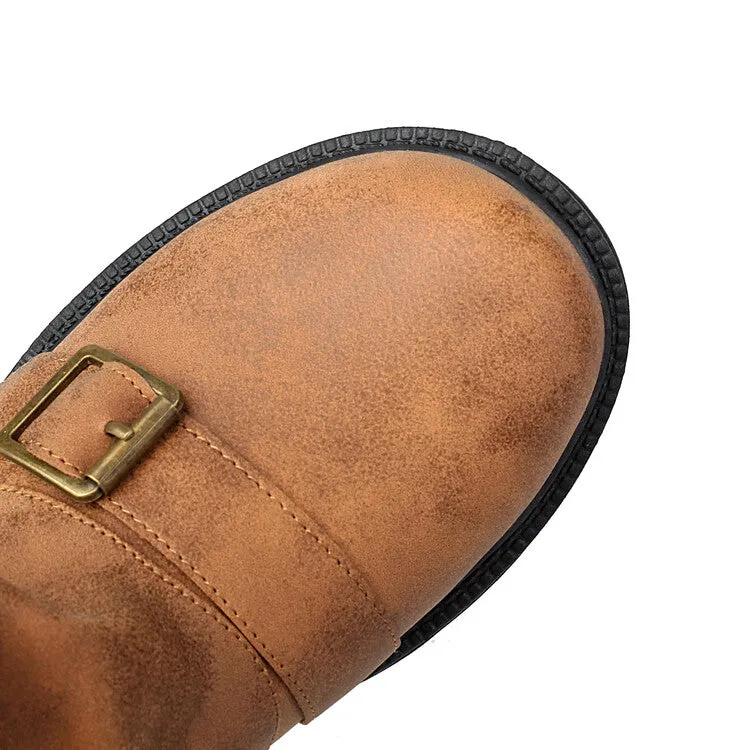 Women's Pleated Buckle Strap Round Toe Mid Calf Flat Platform Boots