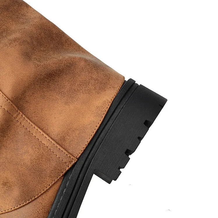Women's Pleated Buckle Strap Round Toe Mid Calf Flat Platform Boots