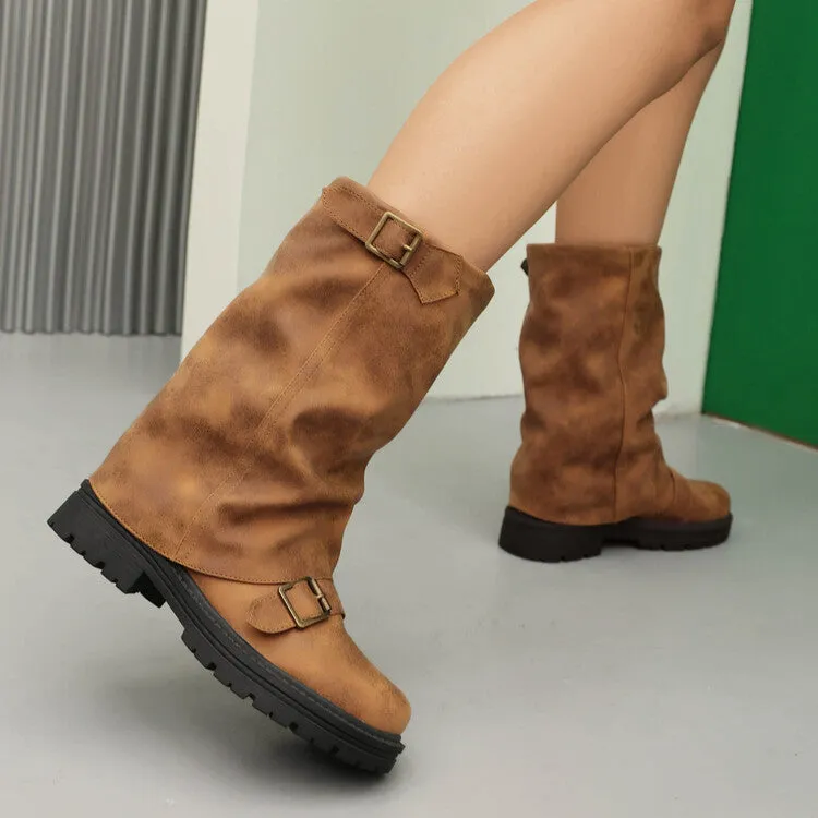 Women's Pleated Buckle Strap Round Toe Mid Calf Flat Platform Boots
