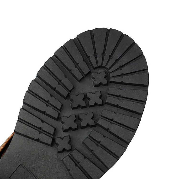 Women's Pleated Buckle Strap Round Toe Mid Calf Flat Platform Boots