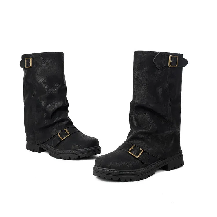 Women's Pleated Buckle Strap Round Toe Mid Calf Flat Platform Boots