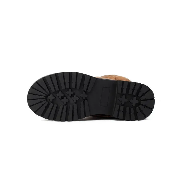 Women's Pleated Buckle Strap Round Toe Mid Calf Flat Platform Boots