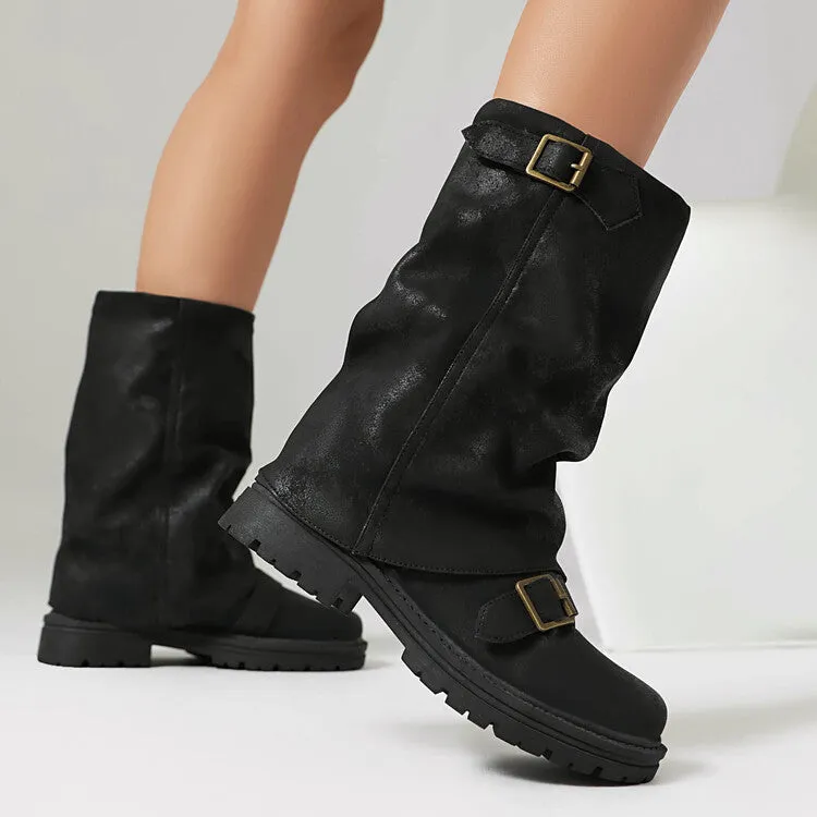 Women's Pleated Buckle Strap Round Toe Mid Calf Flat Platform Boots