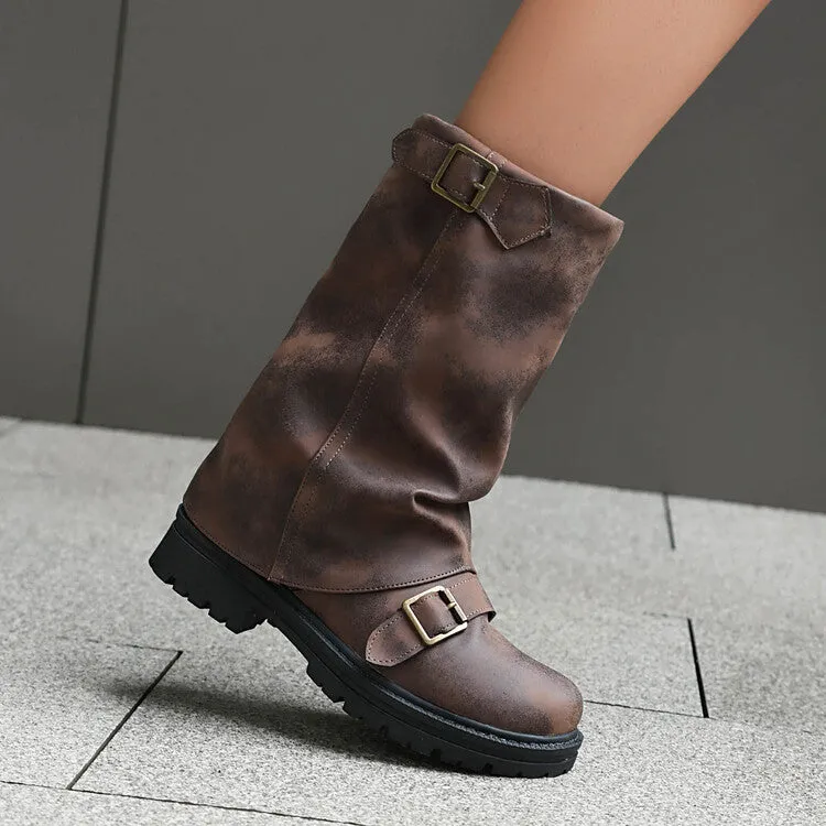 Women's Pleated Buckle Strap Round Toe Mid Calf Flat Platform Boots