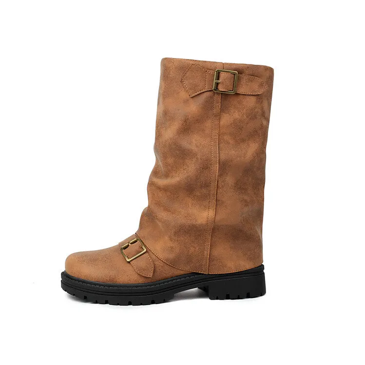 Women's Pleated Buckle Strap Round Toe Mid Calf Flat Platform Boots