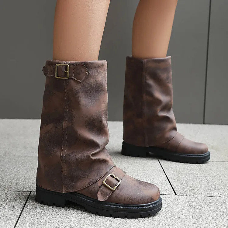 Women's Pleated Buckle Strap Round Toe Mid Calf Flat Platform Boots