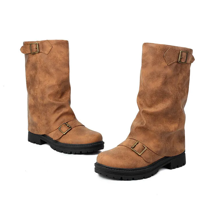 Women's Pleated Buckle Strap Round Toe Mid Calf Flat Platform Boots