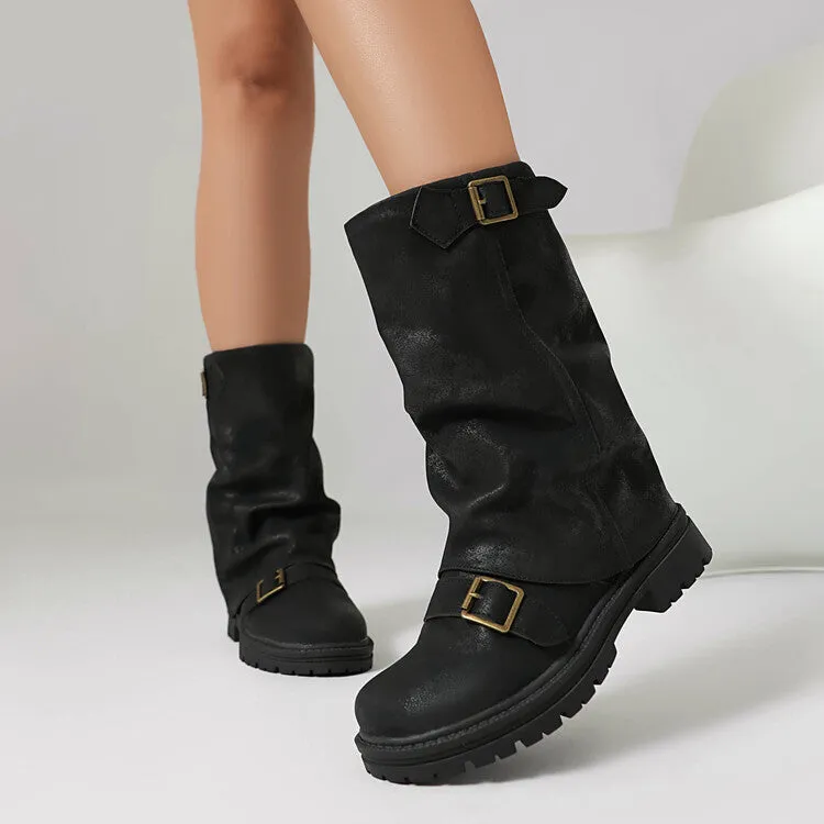 Women's Pleated Buckle Strap Round Toe Mid Calf Flat Platform Boots