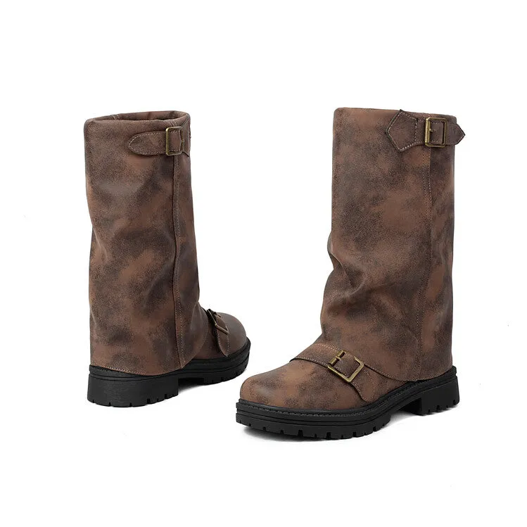 Women's Pleated Buckle Strap Round Toe Mid Calf Flat Platform Boots