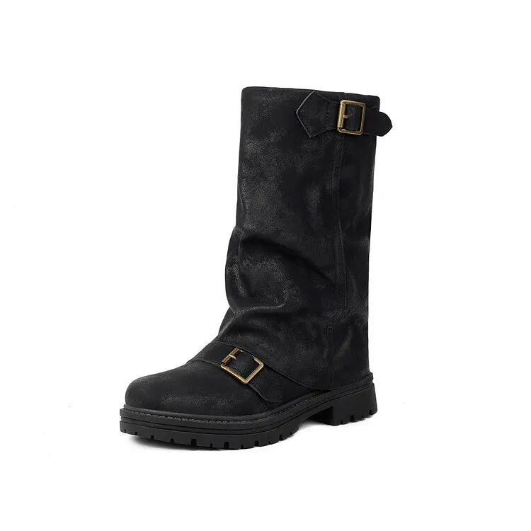 Women's Pleated Buckle Strap Round Toe Mid Calf Flat Platform Boots