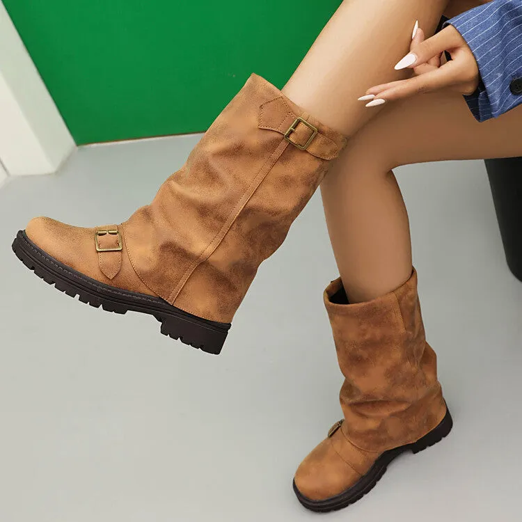Women's Pleated Buckle Strap Round Toe Mid Calf Flat Platform Boots