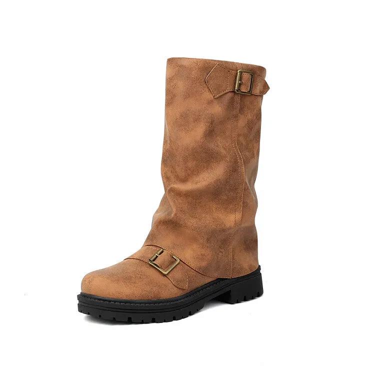 Women's Pleated Buckle Strap Round Toe Mid Calf Flat Platform Boots