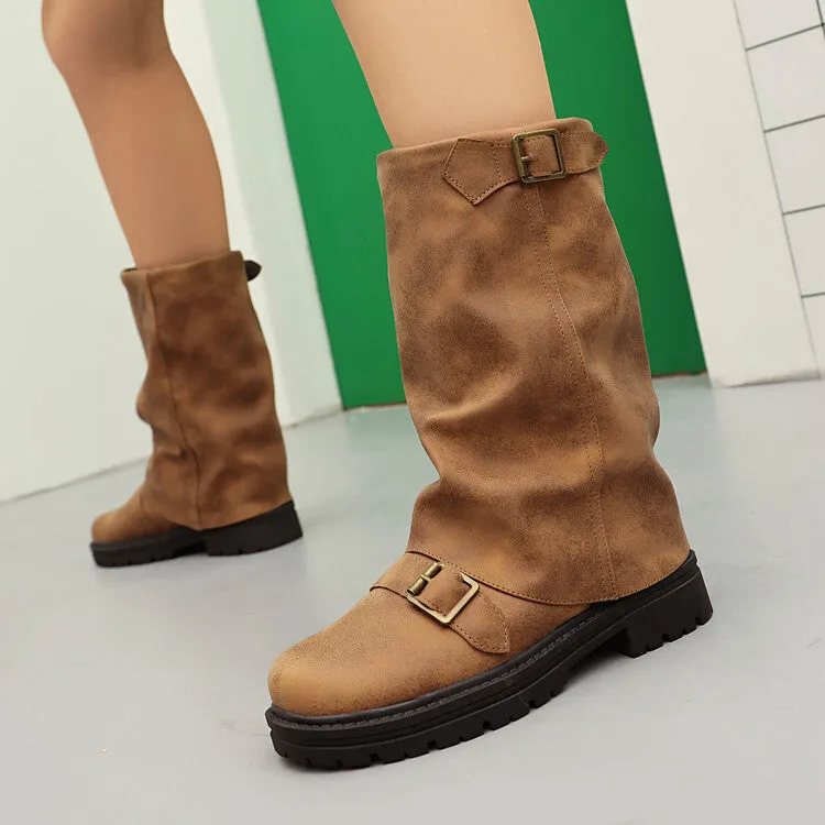 Women's Pleated Buckle Strap Round Toe Mid Calf Flat Platform Boots