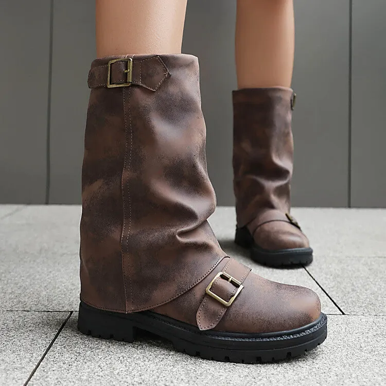 Women's Pleated Buckle Strap Round Toe Mid Calf Flat Platform Boots