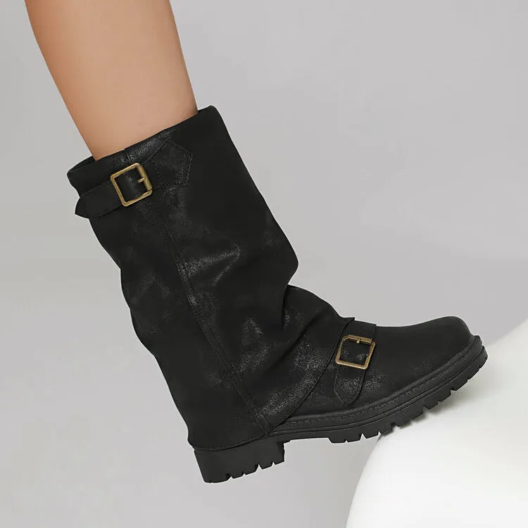 Women's Pleated Buckle Strap Round Toe Mid Calf Flat Platform Boots