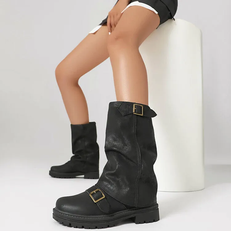 Women's Pleated Buckle Strap Round Toe Mid Calf Flat Platform Boots