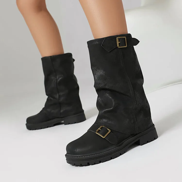 Women's Pleated Buckle Strap Round Toe Mid Calf Flat Platform Boots
