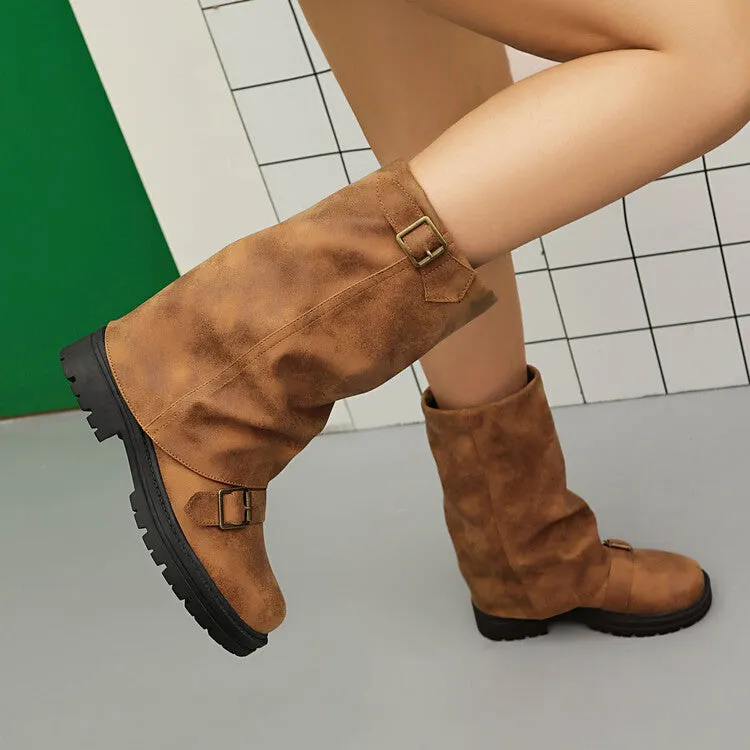 Women's Pleated Buckle Strap Round Toe Mid Calf Flat Platform Boots